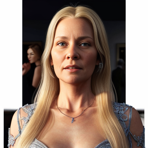 mother and the blonde daughter, on the table, party dress, close up, daughter with long hairs, mom at backround, photorealistic