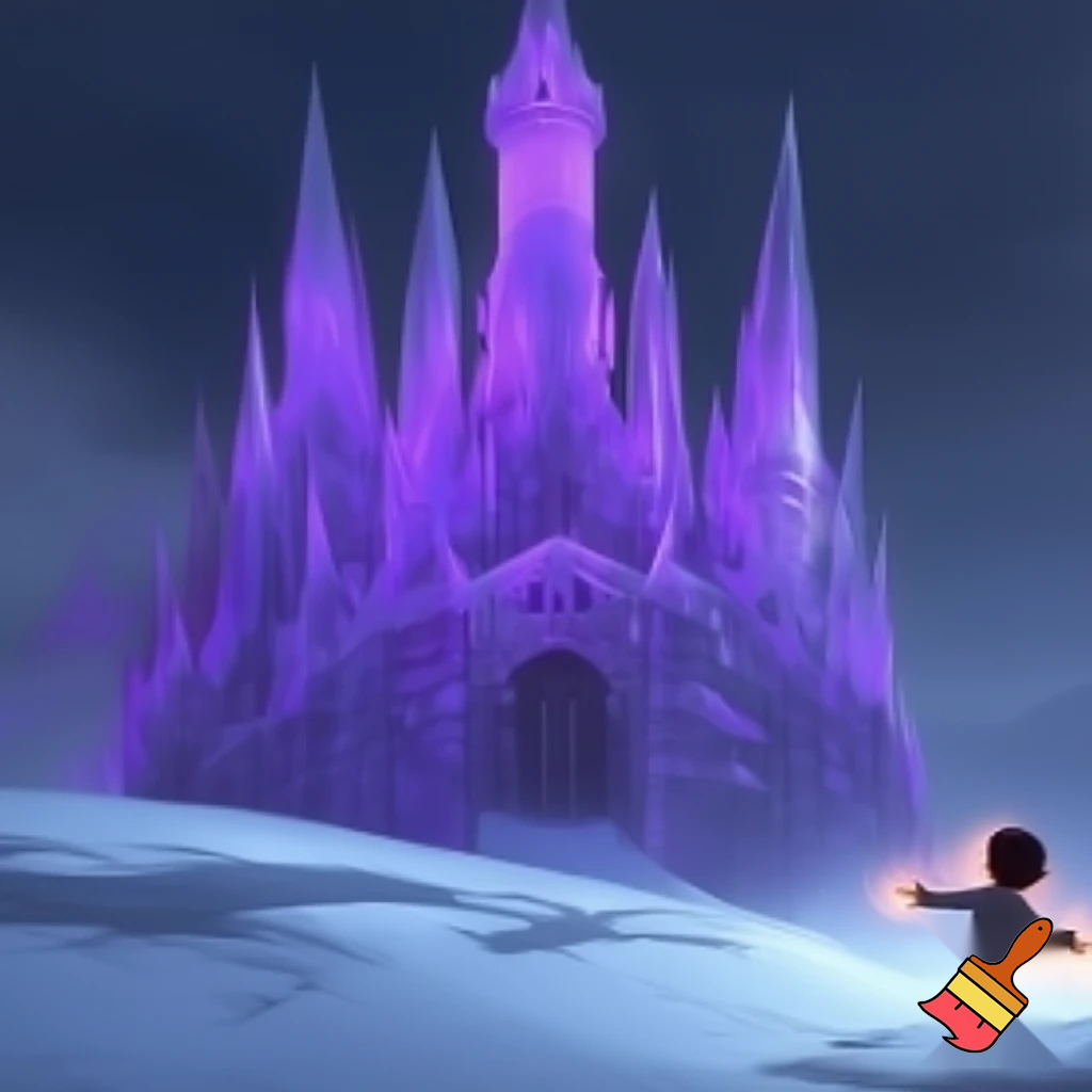 a giant purple castle made of ice rising from the snowy ground, floating above the castle(in the distance) a silloughete of a boy with his hands outstretched, and his eyes glowing, as though he is ascending
