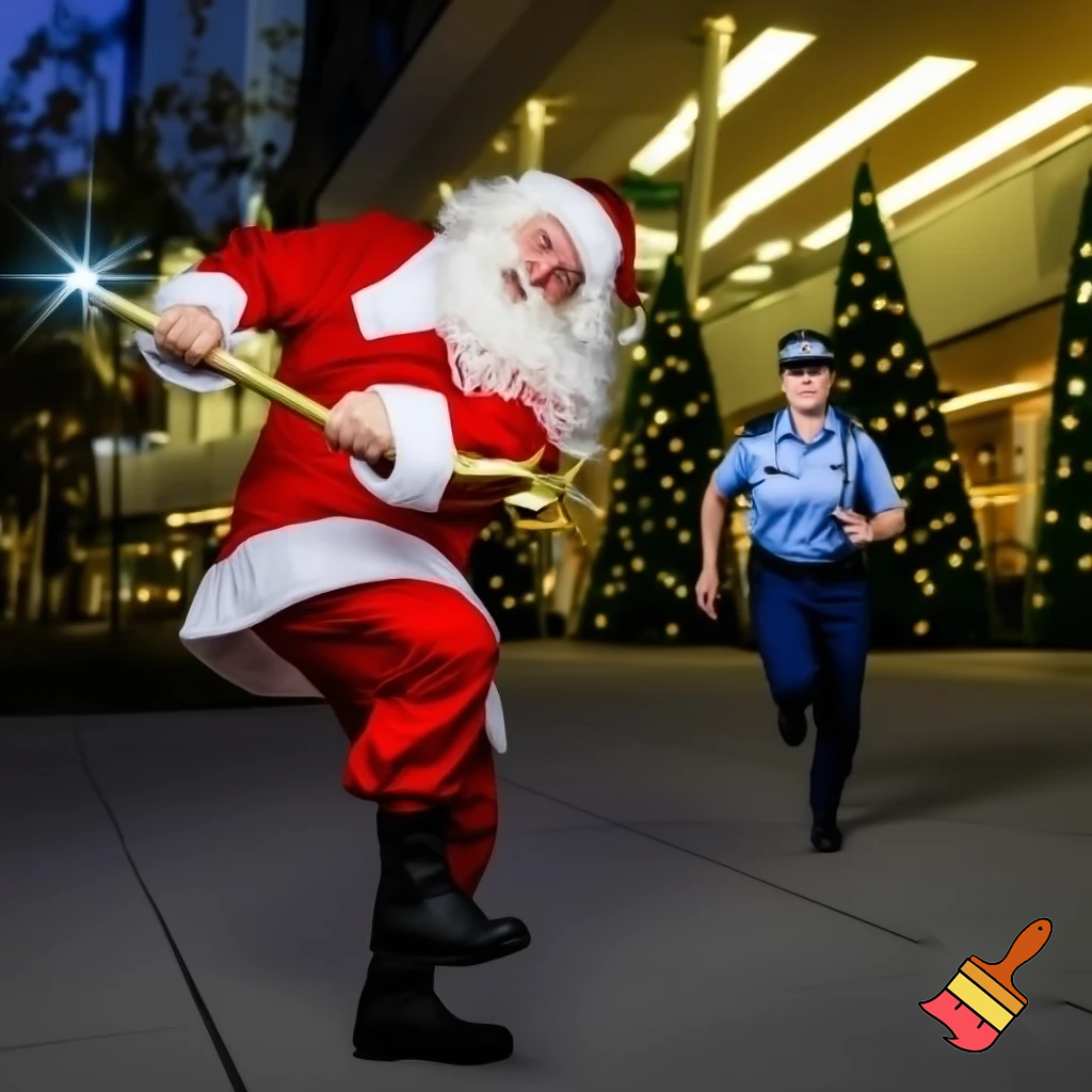 Santa Claus dancing shopping Centre walking Australian magic walking stick walking stick star running outside of the shopping centre on the Christmas tree  policeman are running