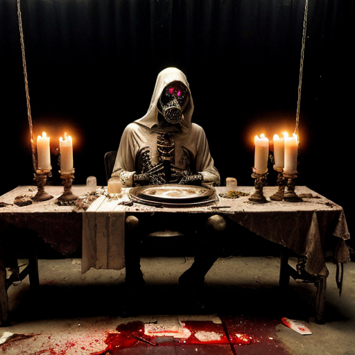 a grotesquely surreal tableau—an abandoned slaughterhouse repurposed into a deranged satanic banquet hall, where the concrete floor is slick with blood and strewn with rotting trash, discarded meat hooks dangling from rusted chains overhead. A skeletal priest in tattered vestments presides over a macabre feast, his hollow eyes glowing red as he raises a goblet filled with thick, black ichor, while around him, mutated revelers in tuxedos and gore-smeared evening gowns tear into human limbs arranged on silver platters like fine cuisine. Hazmat-suited figures loom in the shadows, their gas masks reflecting the flickering candlelight from upside-down crucifixes, their gloved hands clutching syringes dripping an unknown fluid. The walls pulse with fleshy, veined growths, and in the far corner, a still-twitching pile of flayed bodies writhes in unholy communion, their mouths sewn shut with barbed wire—a masterpiece of visceral body horror where decay and decadence collide.