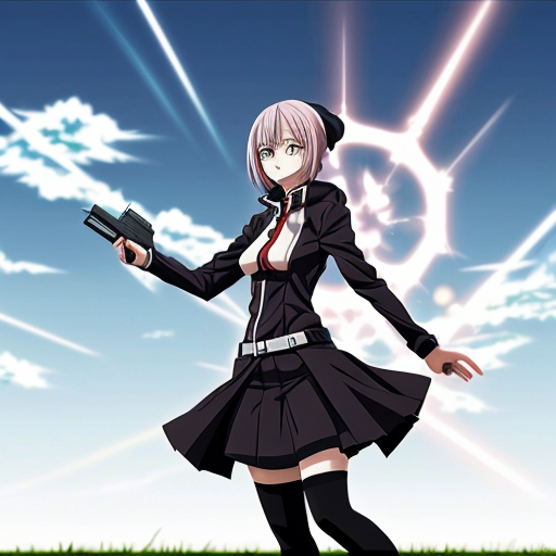 Create a background for me where there is an anime character with a gun and the weather is spring