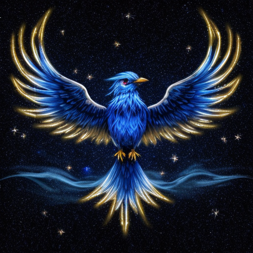 a magical spirit blue bird phoenix glowing and  transparent like smoke with a black starry night sky background