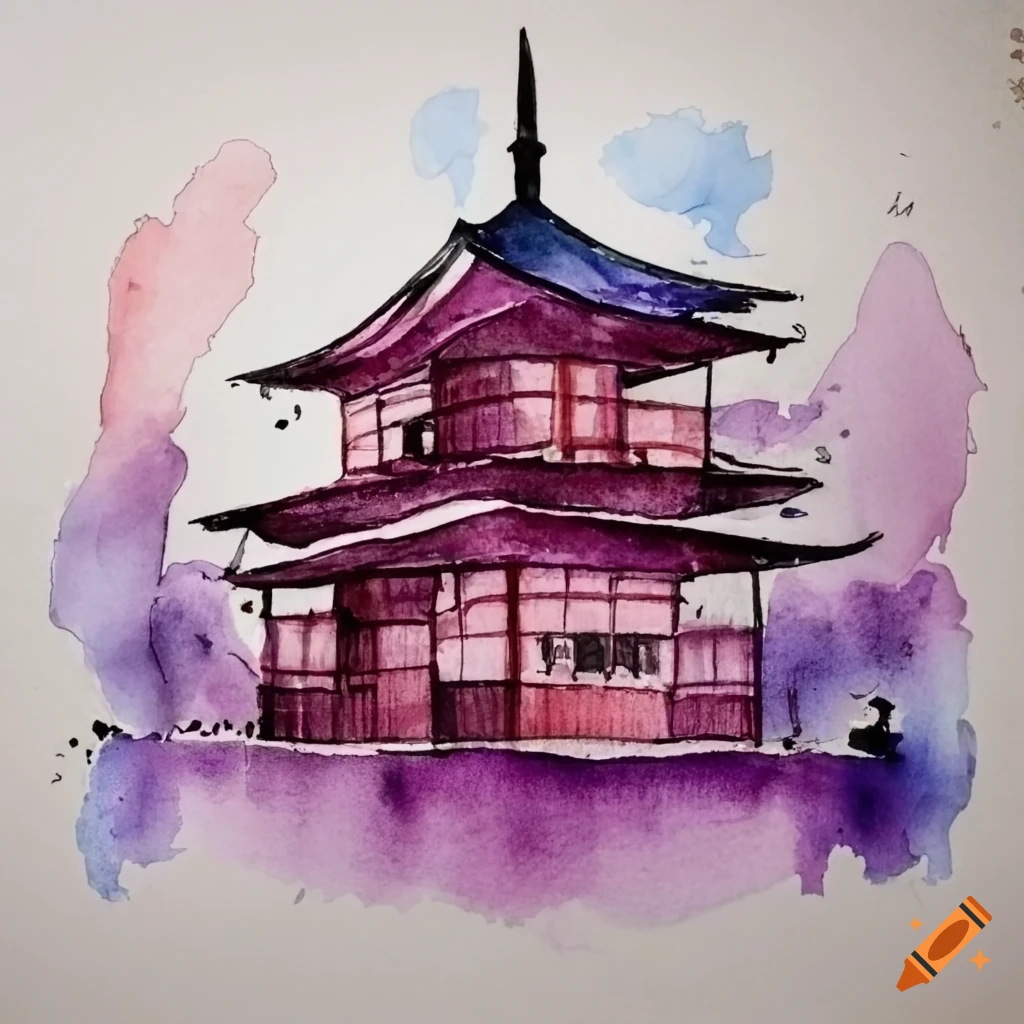 modern japanese city watercolor, burgundy und purple rain colors