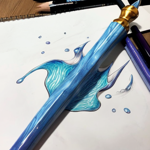 Please generate an anime style drawing of sailor mercury's wand using the following link as inspiration (https://pin.it/KKzZ57jfJ). The handle of the wand should be surrounded with fluid water which wraps itself around the staff elegantly. There should only be a minimal amount of shading applied to the drawing. 
