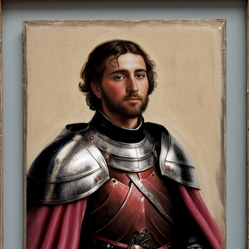 a weathered painting of a handsome knight, he is wearing a pink cloak with black spots