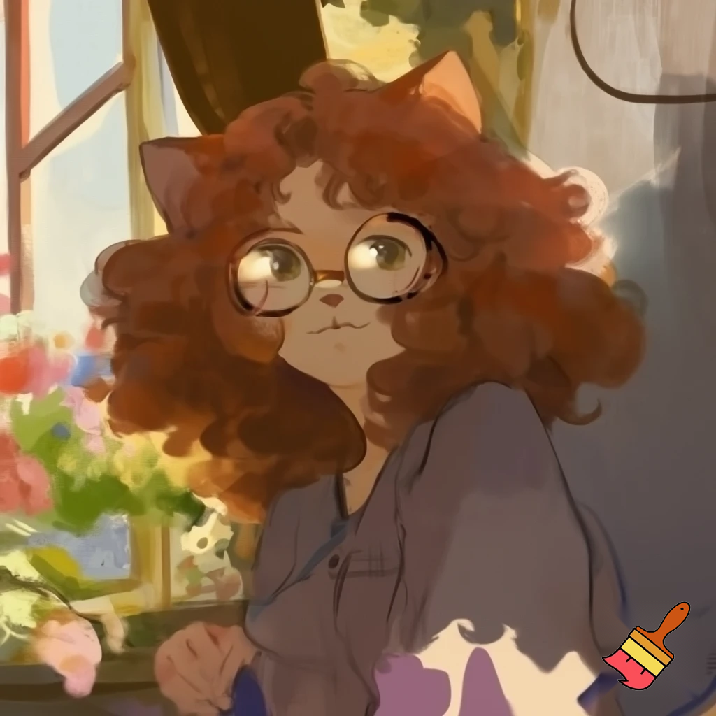 CUTE cat woman with curly hair and glasses in a ghibli style