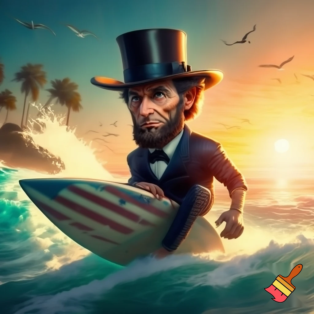 Abraham Lincoln on a surf board