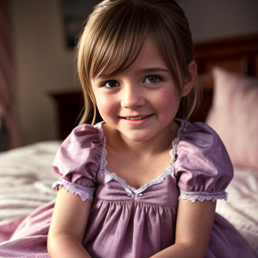 Chilean little girl at night dress, very beautiful, on the bedroom, close up
