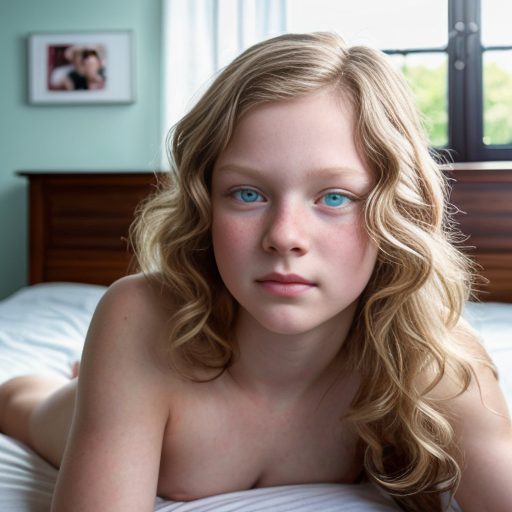 teen ,, , lifelike, portrait, highly detailed, , sharp focus, illustration, art by kittichai  and james gurney and alphonse mucha, ,  with curly blond hair and vibrant blue eyes, photorealistic, at her room, laying