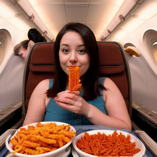 woman in a plane eats alot of hot cheetos she turned fat the inpoley came  in and she eat all her snacks