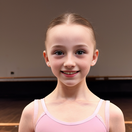 A 12 year old doing ballet (female) dark brown hair and Hazel/brownish eyes and singing too with pink clothes a beauty spot above the mouth and very light brown freckles dancing in ballet style 