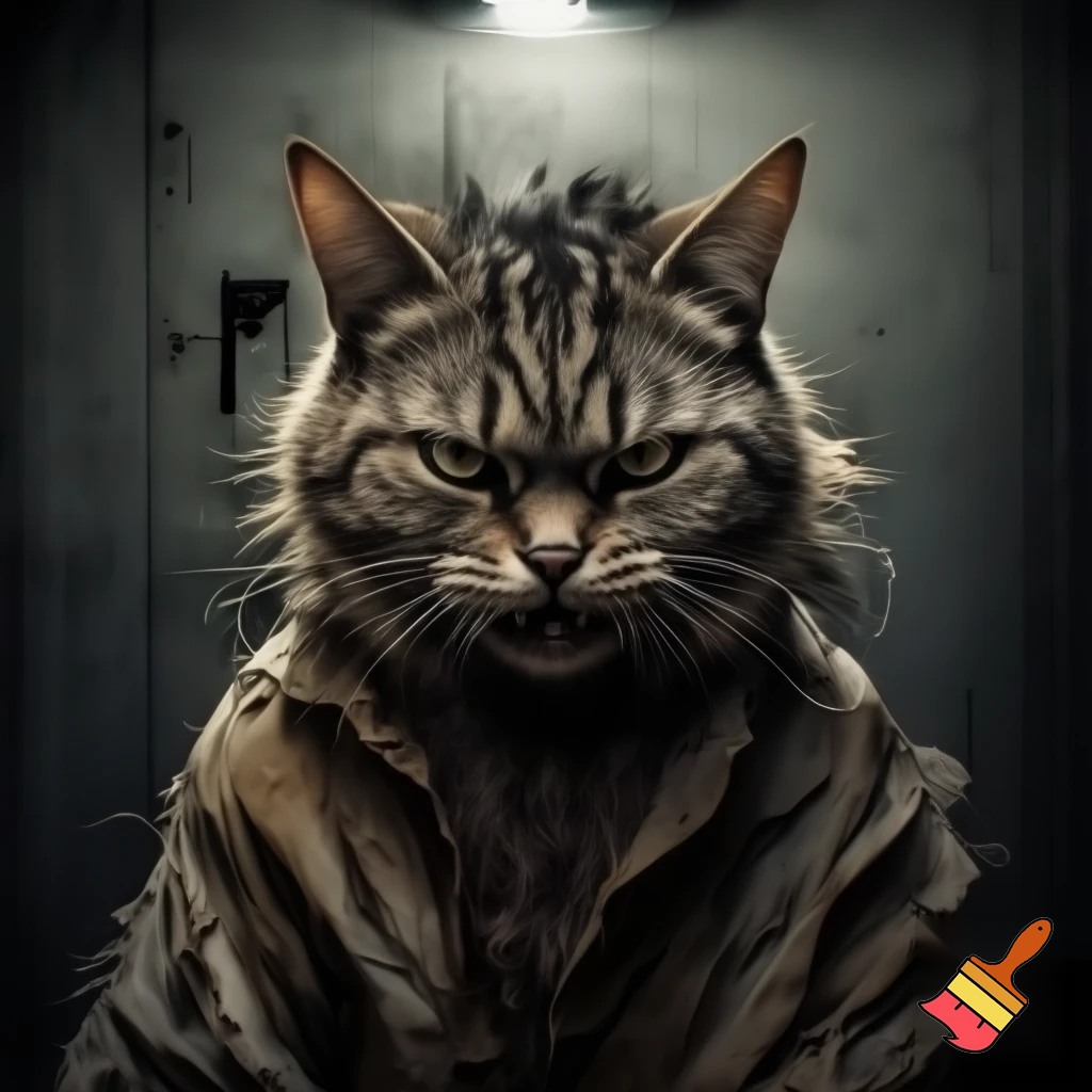 Feral vicious cat sinister evil, mugshot style, prison clothes, no humans staring at screen