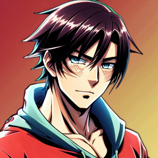 Super tuff nonchalant anime dude with a red shirt, black hoodie and blue eyes also give him brown shiny hair