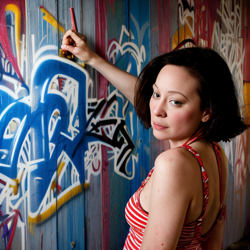 Jennifer Tilly young beach visitor in red bright high key, chaotic graffiti style landscape