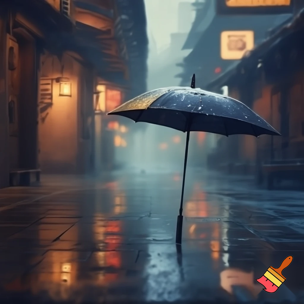 rainy old street asia / wet pavement reflection / closed umbrella rain