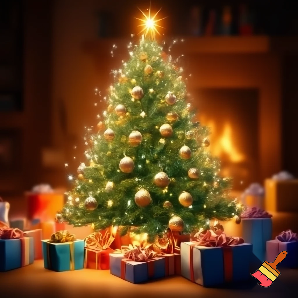 Christmas tree with  a star and present all around
