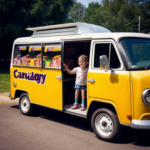 a free candy van with little kids hanging outside of it 