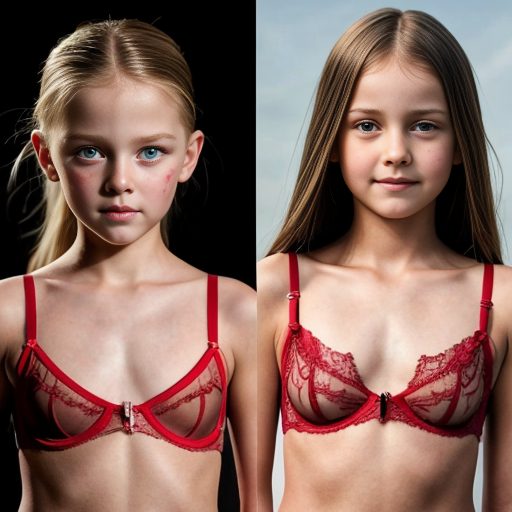 Crea imágenes tipo fotos realistas, donde haya 2 niñas rubias de 10 años modelando en una pasarela para un concurso, que esten vestidas con ropa de lenceria roja transparente
