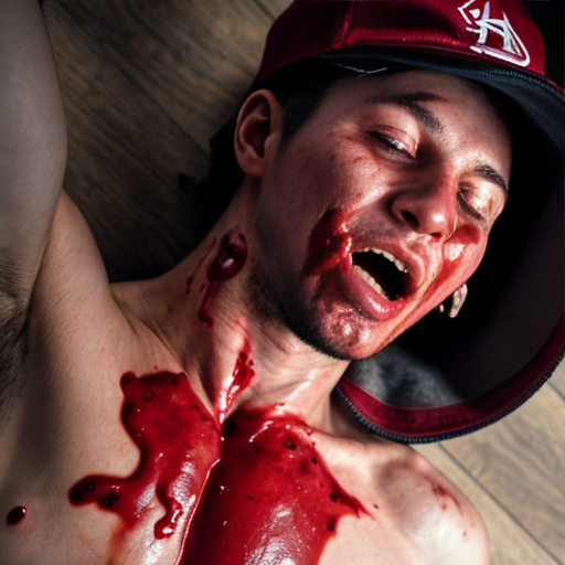 Lifeless man body (18-years old) with red cap on floor, shirt pull into shirtless, blood and organs exposed ribs on center chest, both eyes closed, mouth bleeding blood. 