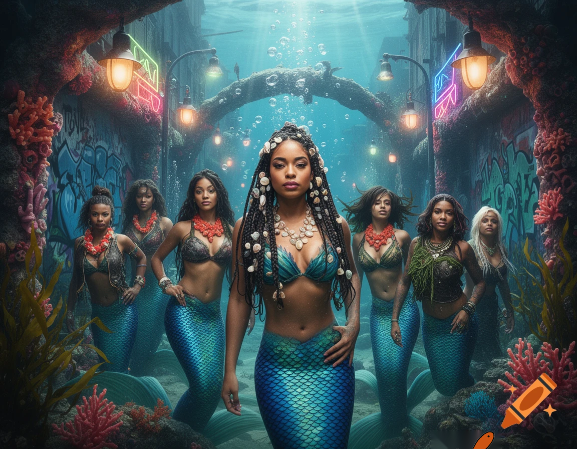 Mermaid with a gang of mermaid ina ghetto style undersea world