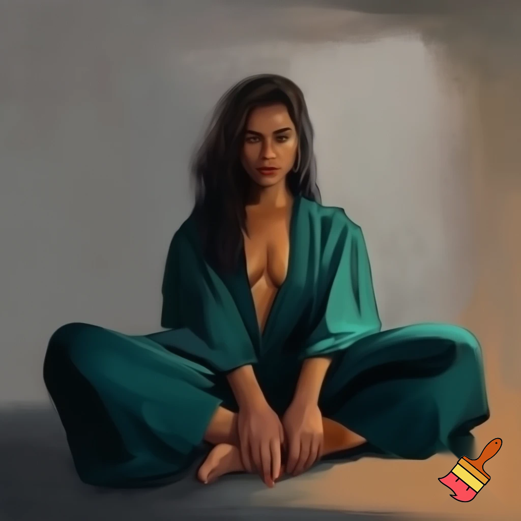 a woman facing forward sitting with her legs spread