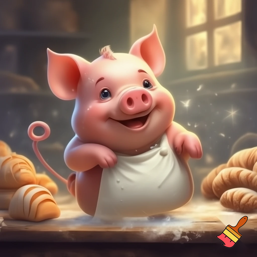 create a picture of a pig that has a white apron and a curly tail, cartoon style. He is a baker.
