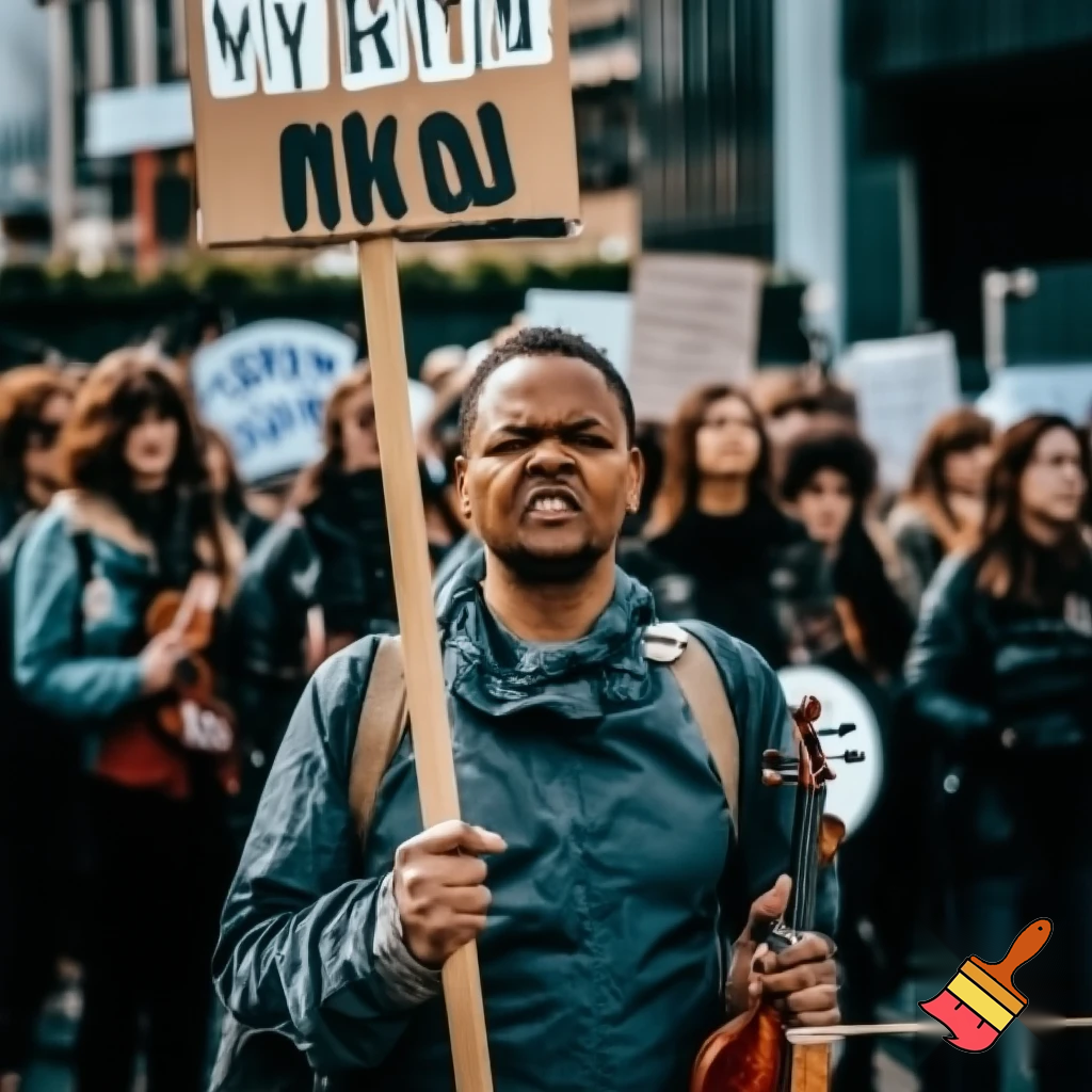 activist protesting violins with signs and pickets
