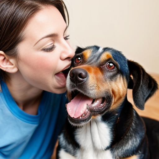 A dog that's tongue is so long and it is going into a woman's mouth
