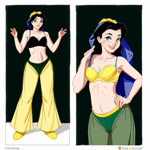 90's disney's 2d aladdin style comic black background and panels of panel 1 tiana with dark green harem pants and bra and curved slippers with both hand palms place together and hiding the bottom of her mouth with a dark green veil wrapped around her arms and attached to her head. 
panel 2 she danced with dark green harem pants barefoot with dark green bra and dark green curved slippers dark green veil wrapped around her arms and shoulders and raising legs and bounced up and down her belly and shook her hips left and right. 
panel 3 as tiana with dark green harem pants and bra and dark green curved slippers and spreading her arms, happily revealing her face to the viewer and giving a smile as she turns around shook her butt left and right. 
Panel 4 as tiana  with dark green harem pants and bra and dark green curved slippers started to fading away , except her belly, which is bouncing around. 
Panel 5 then the ball transforms into the fading in belly of snow white  with yellow harem pants and yellow bra and yellow curved slippers and a yellow veil wrapped around her arms and shoulders with her swaying her hips. 
Panel 6 snow white  with yellow harem pants, yellow bra, yellow curved slippers and yellow veil wrapped around her arms and shoulders gives a smile and winking her left eye 
