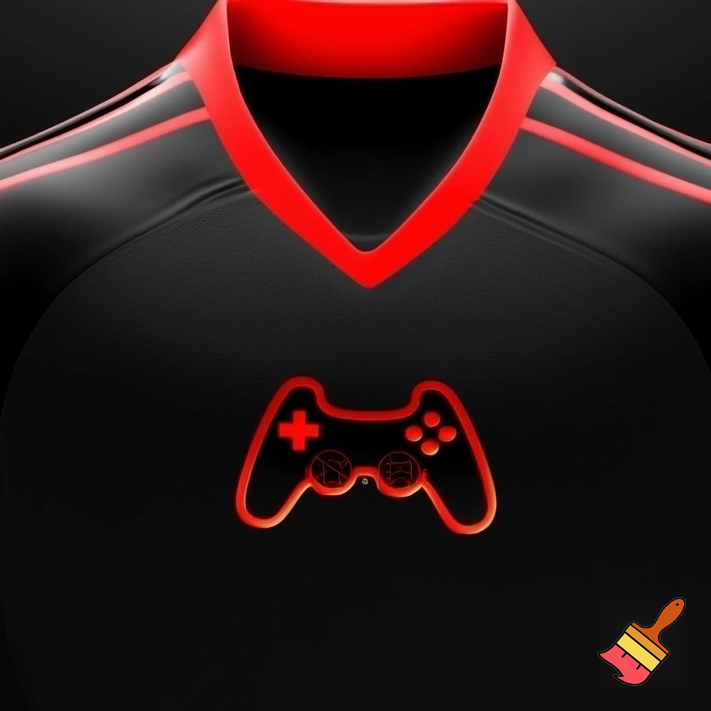 Crea una maglia da calcio nera con un colletto alto rosso e altri dettagli in rosso. È nera. Al centro ha un controller da videogiochi nero con i contorni che richiamano il colore del colletto