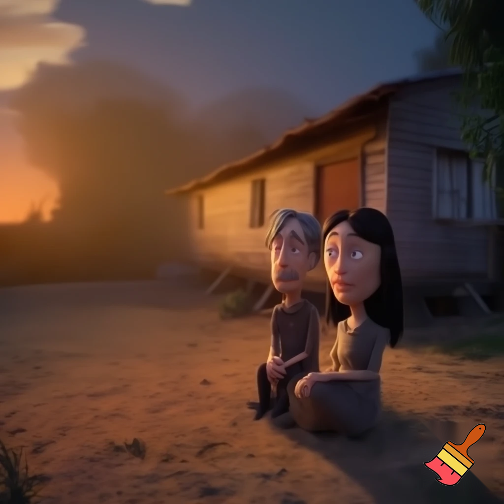 Subject: Father (40 years old, black hair with gray, serious but kind face, simple clothes), Mother (40 years old, long black hair, warm expressive face, simple dress) sitting outside their humble house in the afternoon. 
Movement: Sitting calmly, looking at the sky. 
Scene: Dirt yard, simple wooden house, sunset sky. 
Camera: Medium shot, slightly from above, showing both characters. 
Lighting: Warm sunset light. 
Mood: Cinematic 3D realistic, emotional, calm, nostalgic atmosphere.