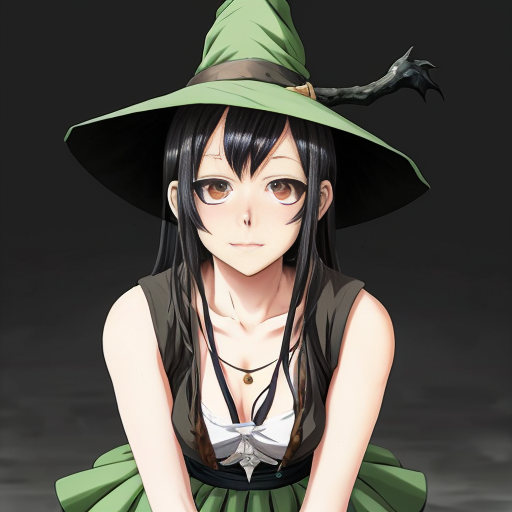 An anime witch girl with black hair, cute face, black eye. She have been abused until she only were a broken skirt left. She is naked with a lot of dâmge. She is 16 year old and height is 1,5m. She is tried to cover her skirt. The background is village with a lot of peopla