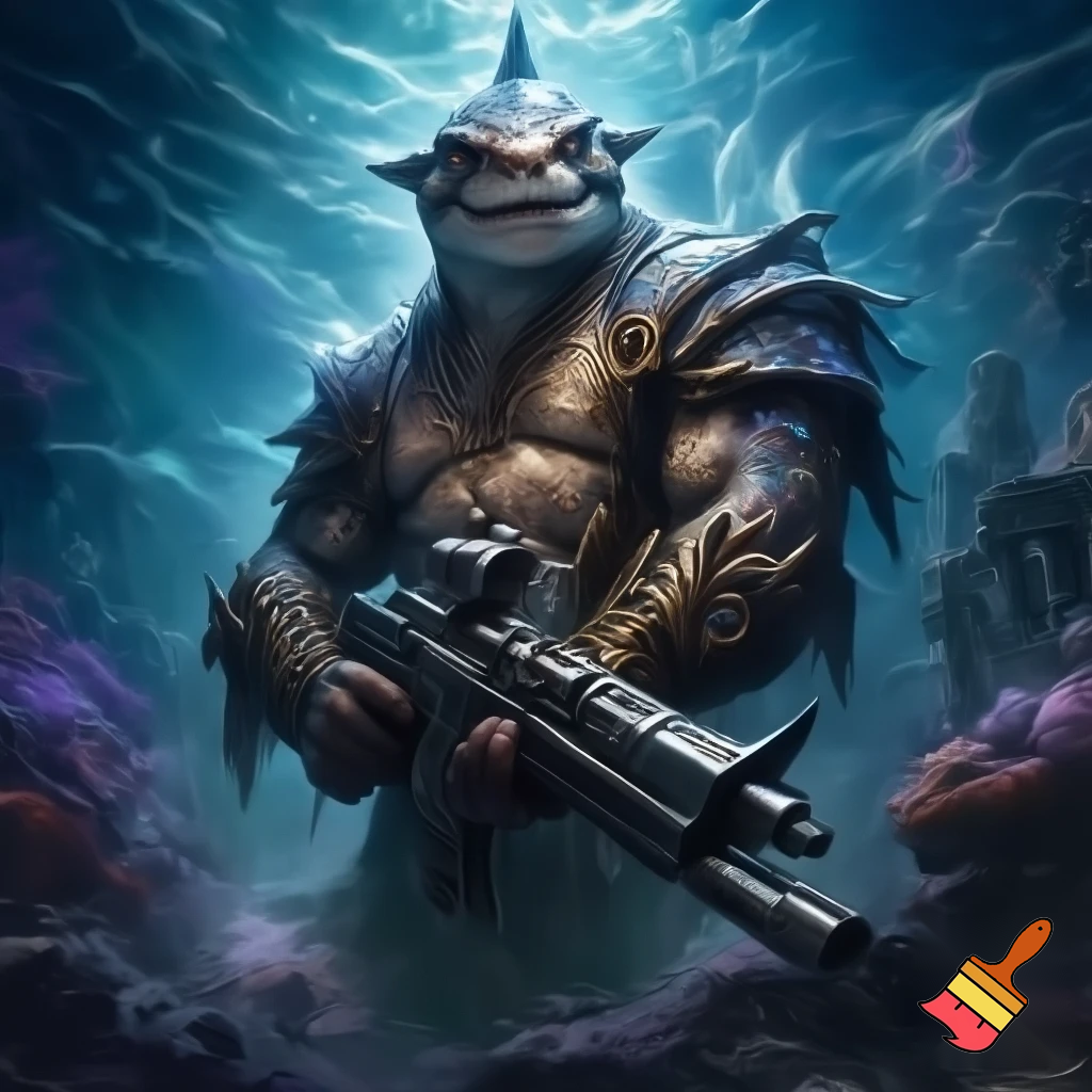 King shark prince nanaue using a assault rifle 
