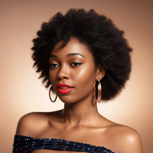 Generate an art-portrait of a young African American woman, resembling Whitney Houston, with a spiral afro hairstyle. She wears a copper-orange satin off-the-shoulder top, red lipstick, and sapphire earrings. The image has a background with gold fragments that look like gold leaf.