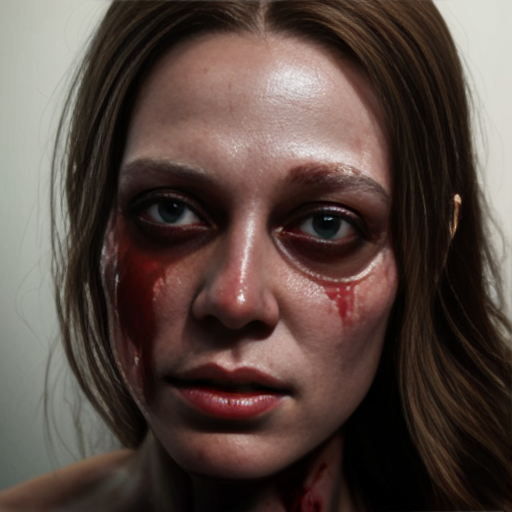 creepy woman with blood on right side of face