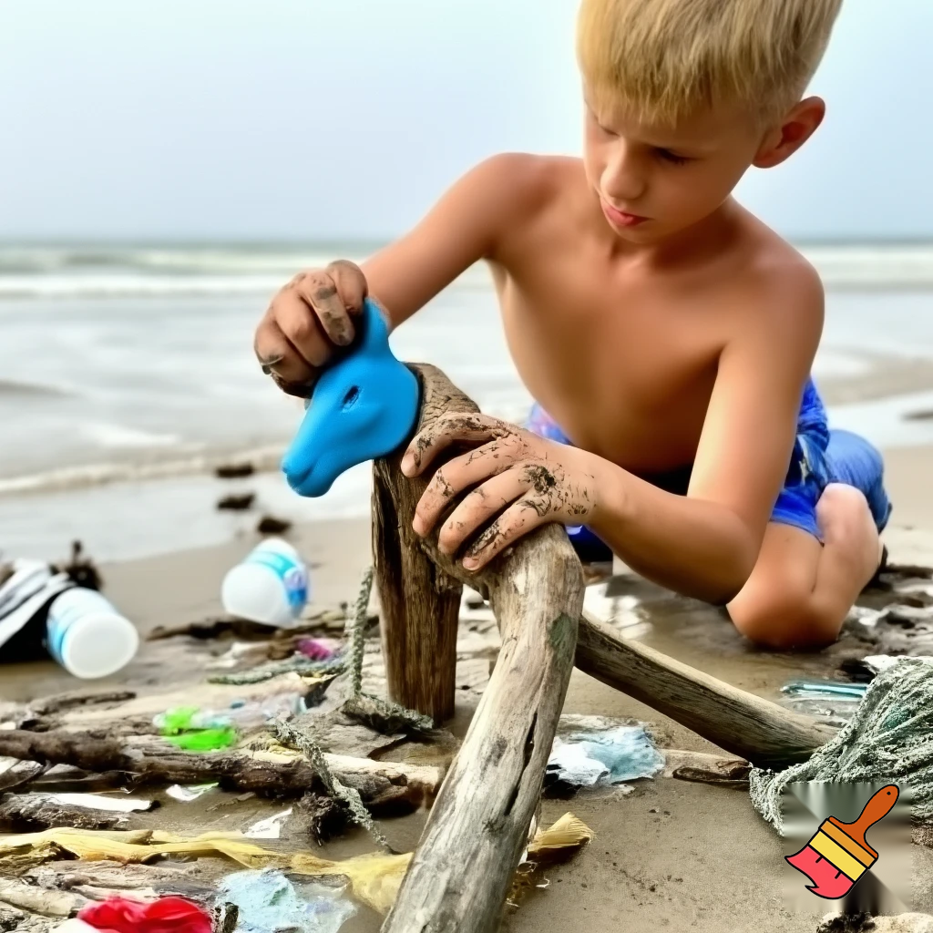 boy building a horse out of beach trash