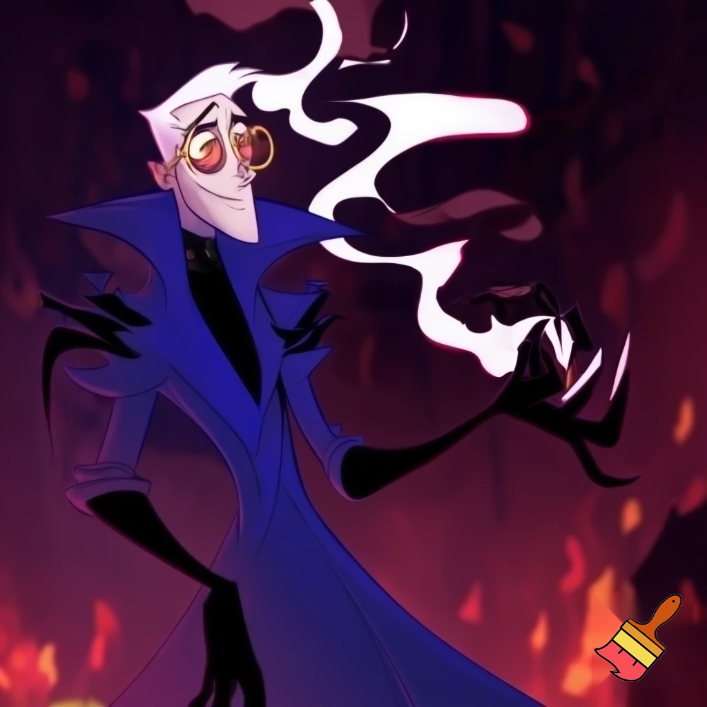 A tall, lean pale man with white hair, distinctive round brass glasses he has a stern look on his face. his face In cartoonish art style of hazbin hotel wearing his signature blue overcoat with black sinister smoke curling around him his hand reaching out, producing the black sinister smoke