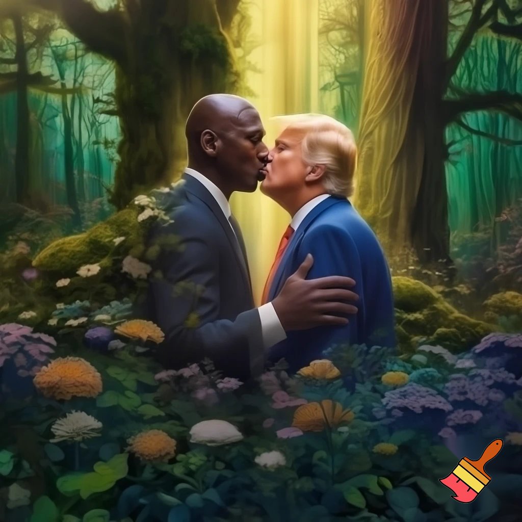 michael jordan and trump kissing in the middle of the forest