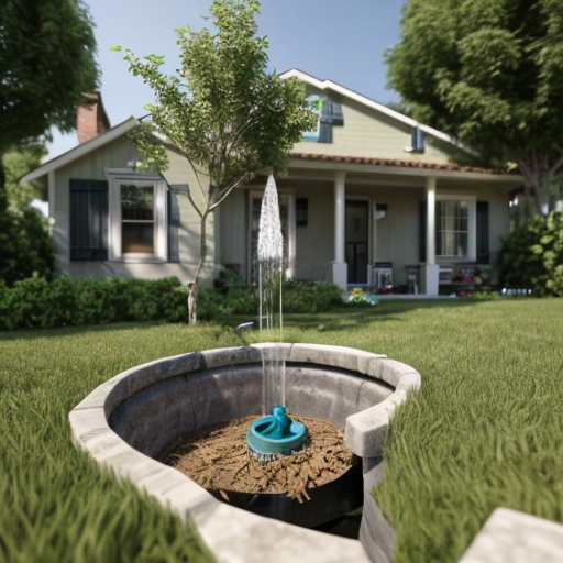 Draw a picture consisting of two parts: an underground part and an above-ground part separated by a lawn line. Under the lawn, there should be soil and a well casing in cross-section (schematic image), with clear, clean water in the well, and a centrifugal well pump suspended on a cable, with the pump submerged in the water and supplying water up a pipe connected to the pump. In the upper part of the image, there is a neat well head above the well, with a small, barely visible pipe leading to a small, cozy, modern-style country house with a gable roof and a terrace. In front of the house, there is a neatly trimmed green lawn, with 3-4 fruit trees (apple trees with light foliage and small fruits) nearby. On the lawn, there is an automatic watering device (sprinkler) in operation.