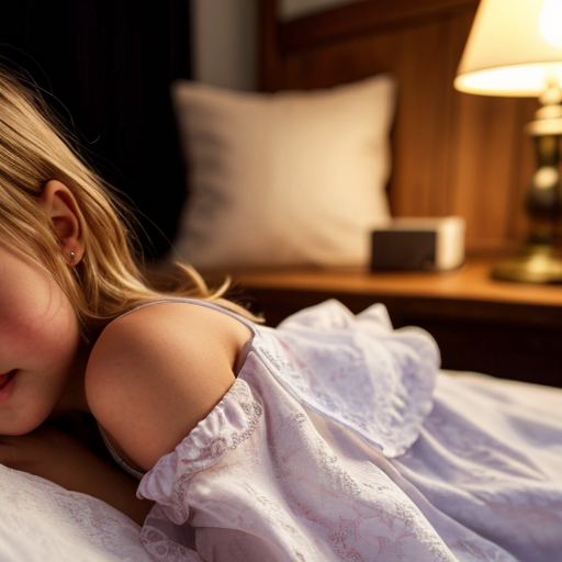swedish blonde little girl  at night dress, very beautiful, on the bedroom, close up