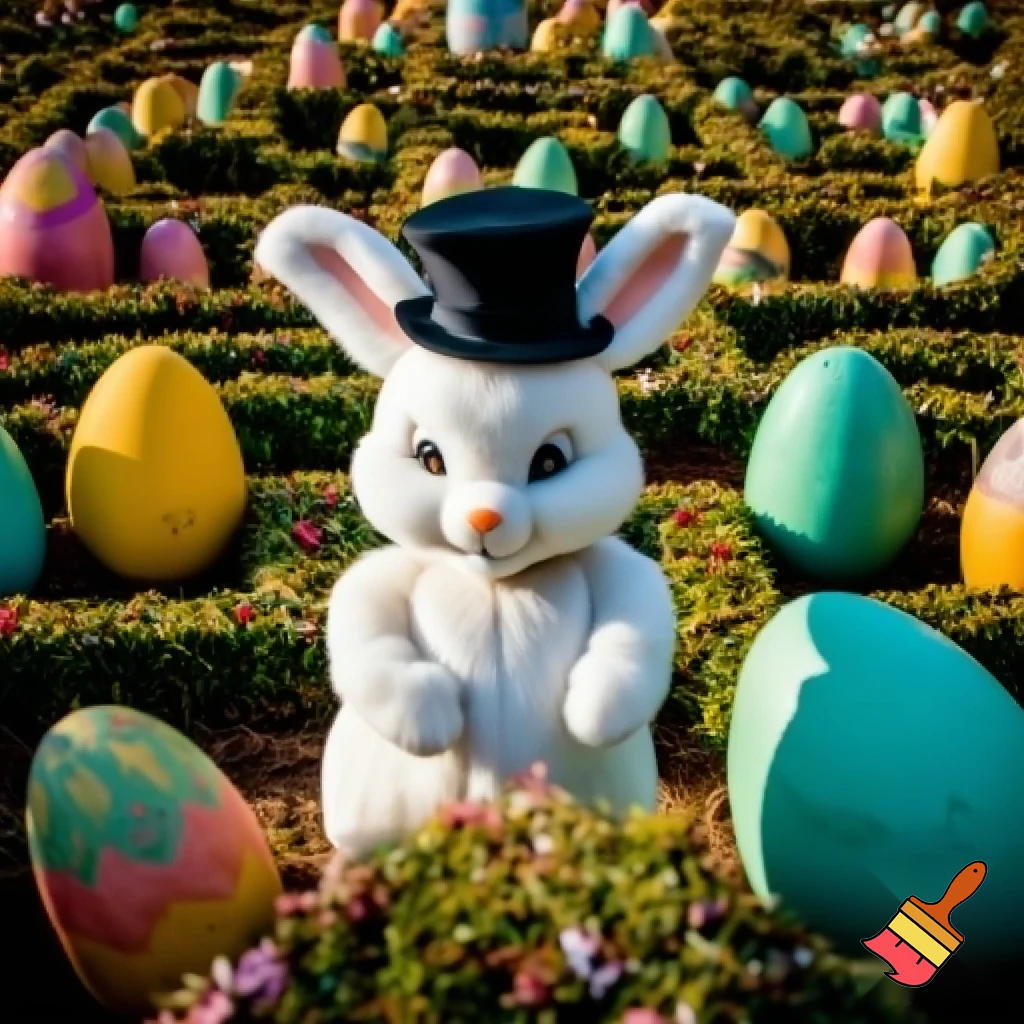 Easter bunny mascot with the top hat costume Easter bunnies maze house
