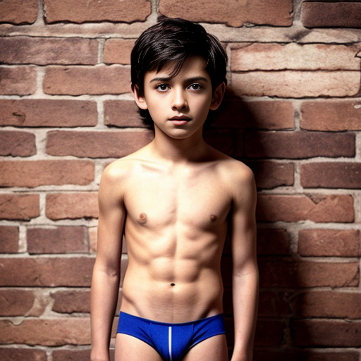 A visibly embarrassed ten year old boy stands outdoors in front of a brick wall in his pink briefs underwear. He is black. 