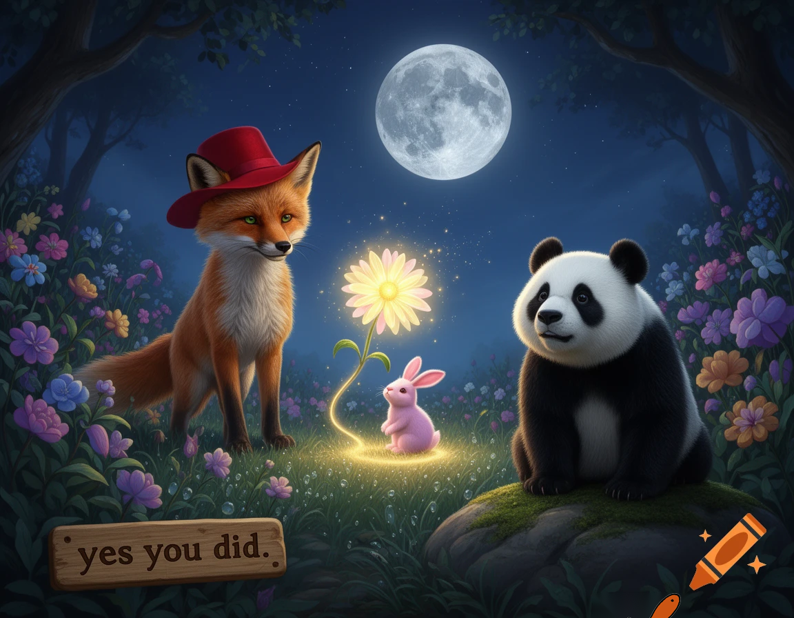 yes you did fox with a red hat you use the magic flower to take the pink rabbit to the moon said the panda tesher