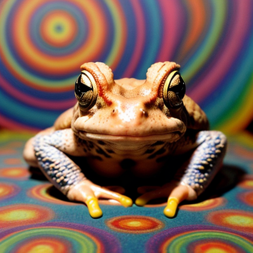 A hillarious, funny boho toad with some hippie colored coffee cups. Psychedelic decorated background, hyperrealistic. Close-up view.