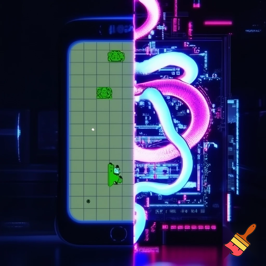 split-scene composition showing a transition from an old pixel-art Snake game on a vintage phone to a futuristic glowing AI snake wrapping around a real display board, cyberpunk style, vaporwave neon glow, nostalgic yet futuristic tone, 1:1, no text