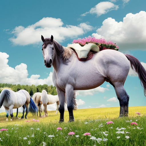 Horse with pink flowers in braid of horses hair in a green field with blue sky and cloud

