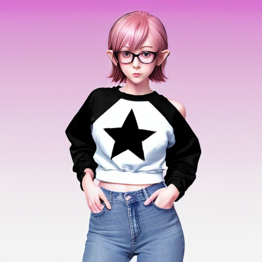 Make an anime girl with pink skin light blue jeans with black stars hair that is a gradient from black to pink but does not go past her shoulders and she also wears a link sweatshirt her eyes are pink her shoes are pink and she has black round glasses