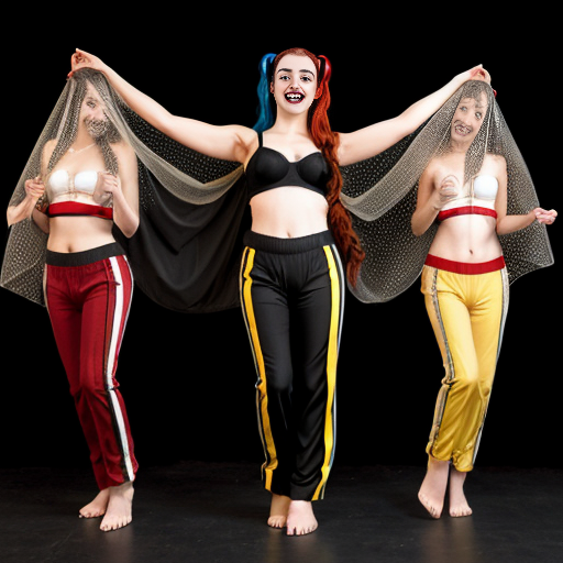 90's disney's 2d aladdin style comic black background and panels of panel 1 Harley Quinn with light black and red striped harem pants and bra and black and red curved slippers with both hand palms place together and hiding the bottom of her mouth with a light black and red striped veil wrapped around her arms and shoulders. 
panel 2 she danced with light black and red striped harem pants with light black and red striped bra and red and black curved slippers and with light black and red striped veil wrapped around her arms and shoulders and raising legs and bounced up and down her belly and shook her hips left and right. 
panel 3 as Harley Quinn with light black and red striped harem pants and bra and red and black curved slippers and with red and light black striped veil wrapped around her shoulders and arms and spreading her arms, happily revealing her face to the viewer and giving a smile as she shook her belly left and right. 
Panel 4 Harley Quinn with light black and red striped harem pants and bra and black and red curved slippers and with light black and red striped veil wrapped around her shoulders and arms has started to fading away , except her belly, which is bouncing around and growing. 
Panel 5 then the ball transforms into the fading in belly of red haired giganta barefoot with dark yellow spotted yellow harem pants and bra and dark yellow spotted yellow veil wrapped around her arms and shoulders with her swaying her hips. 
Panel 6 red haired giganta barefoot with dark yellow spotted yellow harem pants and bra and dark yellow veil wrapped around her arms and shoulders flexing her arms.