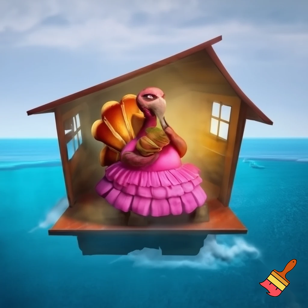 make me a turkey in a pink dress eating stufed turkey in a house of thye middle of the sea
