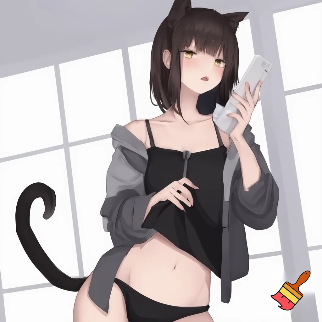 Anime girl 20 years old so cool and cute with cool black and short underwear clothes with her cool ass and cool waist and cool body with cool poses and cat body make is so cute cat make is so anime